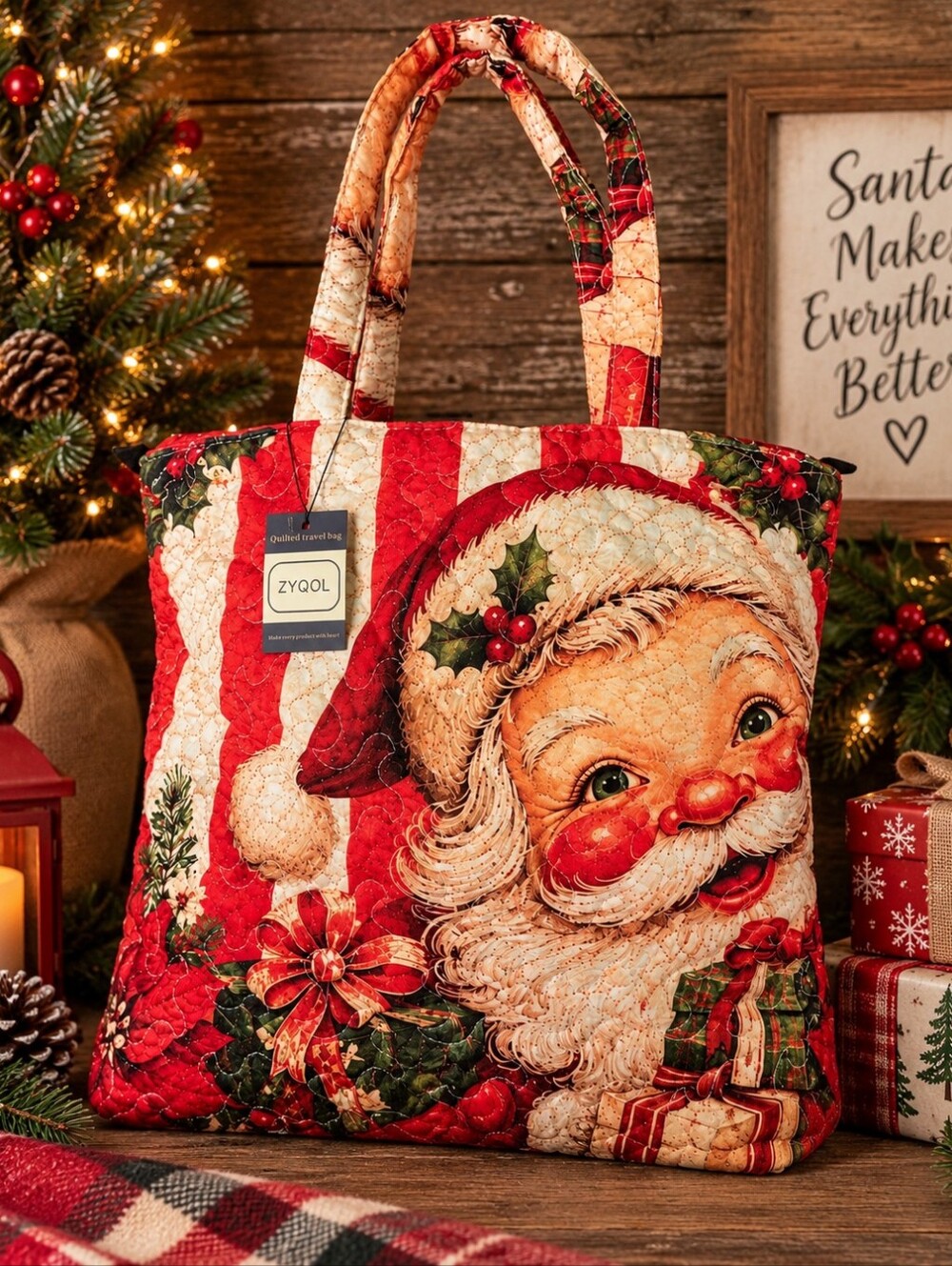 NWT ZYQOL Vintage Santa Christmas Quilted Travel Tote Bag Zip Top 17”